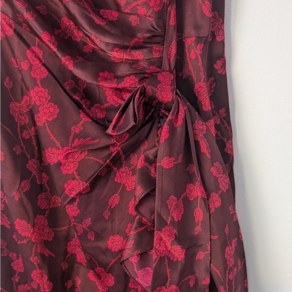 Cinq A Sept Nanon 100% Silk Cowl Neck Red Floral Ruffled Asymmetrical Midi Dress - Picture 4 of 9